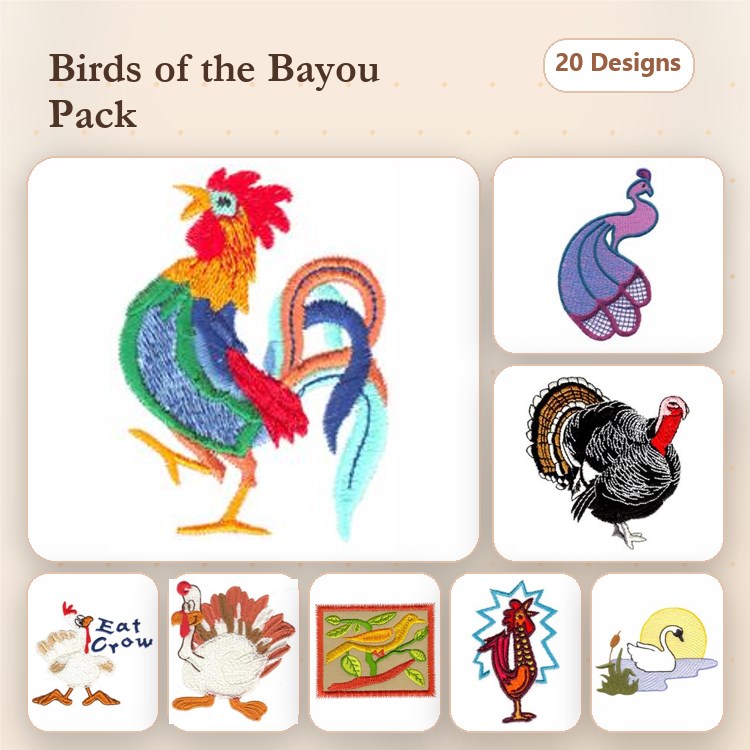 Birds of the Bayou Embroidery Bundle – Rooster, Turkey, Duck, Flamingo & More (20 Designs)