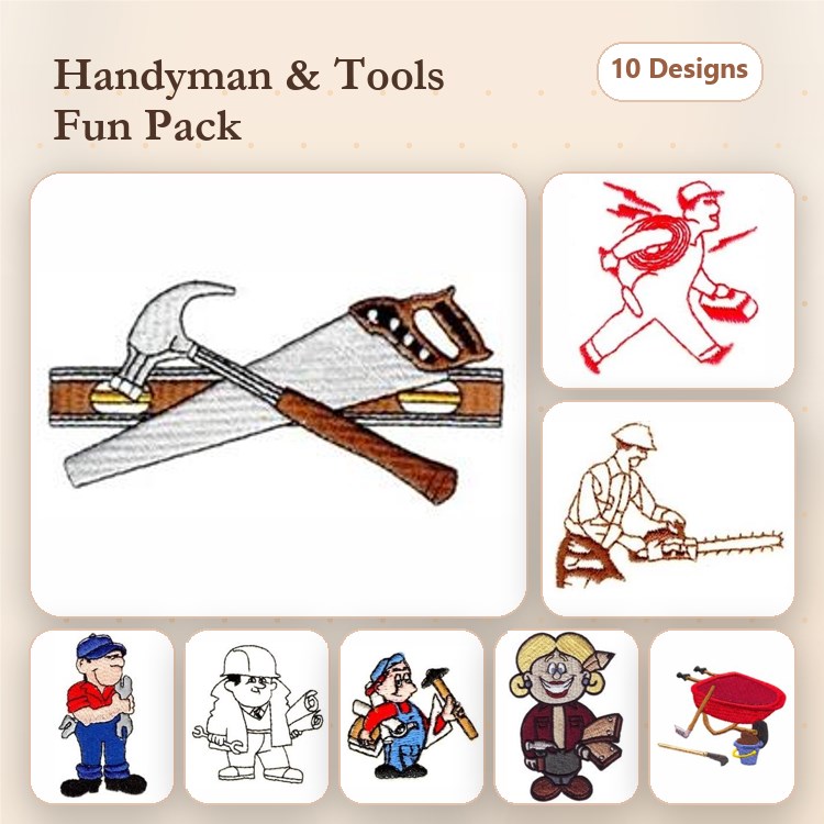 Handyman and Tools Embroidery Designs Bundle – Carpenter with Tools, Woman with Tools, Hammer and Saw & More (10 Designs)