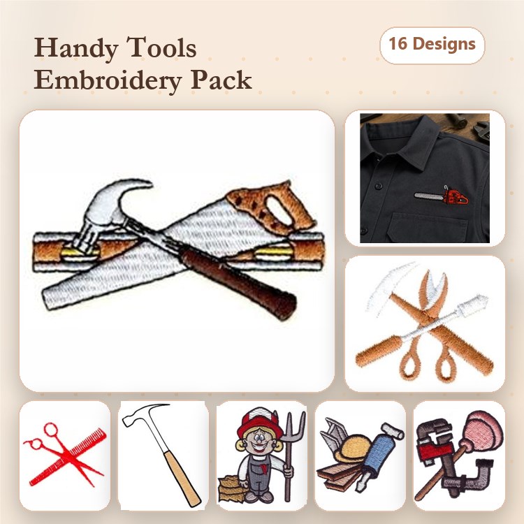 Handy Tools Embroidery Bundle – Hammer, Saw, Scissors, Toolbox & More (16 Designs)