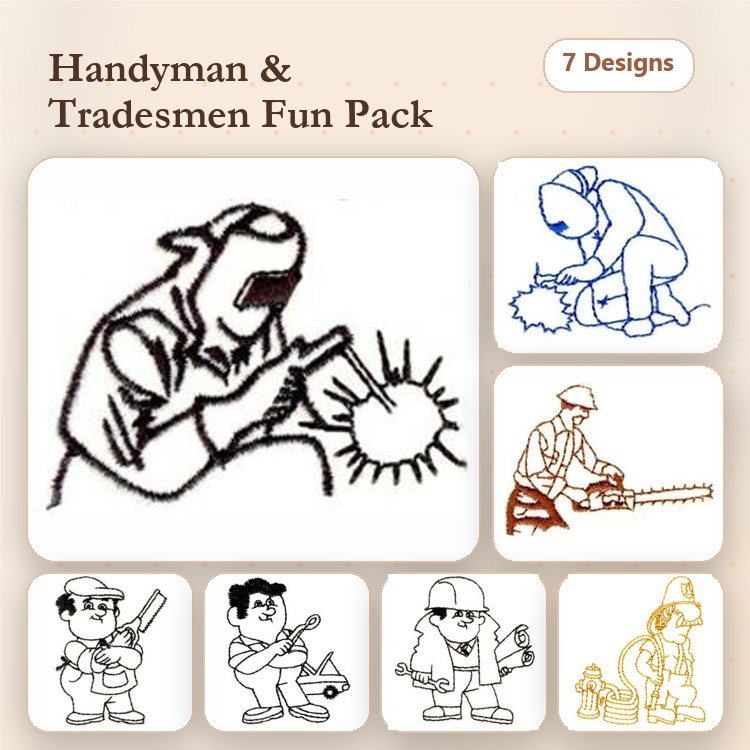 Redwork Handyman & Tradesmen Embroidery Bundle – Handyman with Hammer, Builder with Hammer, Man with Chainsaw & More (7 Designs)