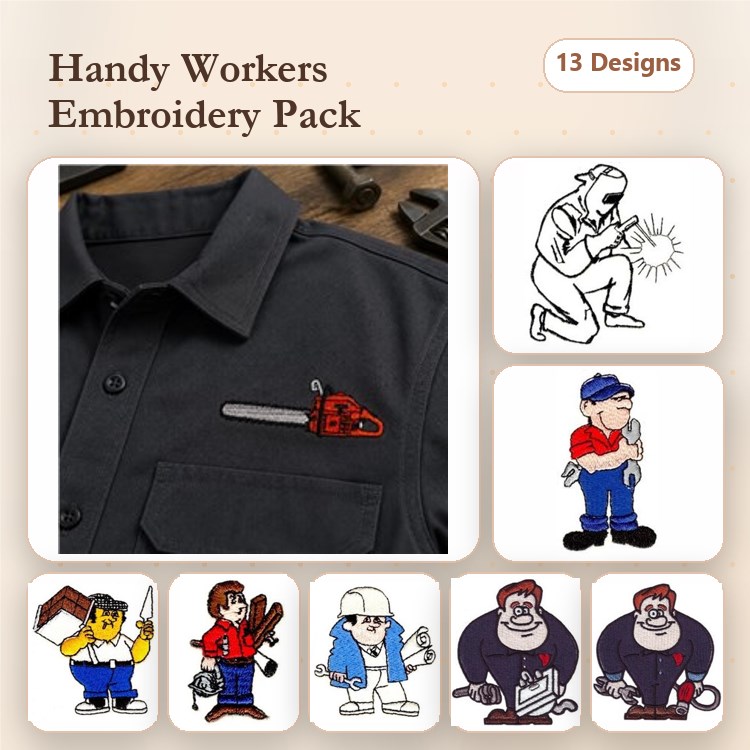 Handy Workers Embroidery Bundle – Chainsaw, Construction Worker with Hammer, Mechanic & More (13 Designs)