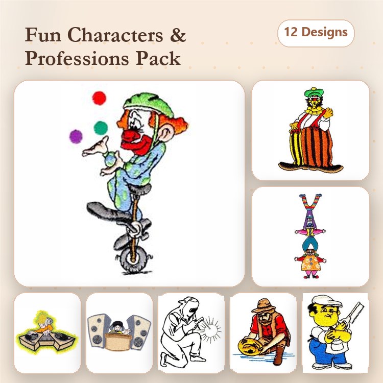 Fun Characters & Professions Embroidery Designs Bundle – Clown, Ringmaster, Musician, Chef & More (12 Designs)