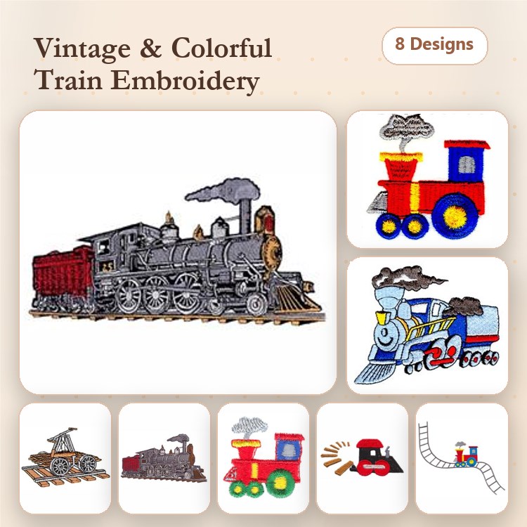 Vintage and Colorful Trains Embroidery Designs Bundle – Steam Locomotive, Cartoon Train, Red Train & More (8 Designs)