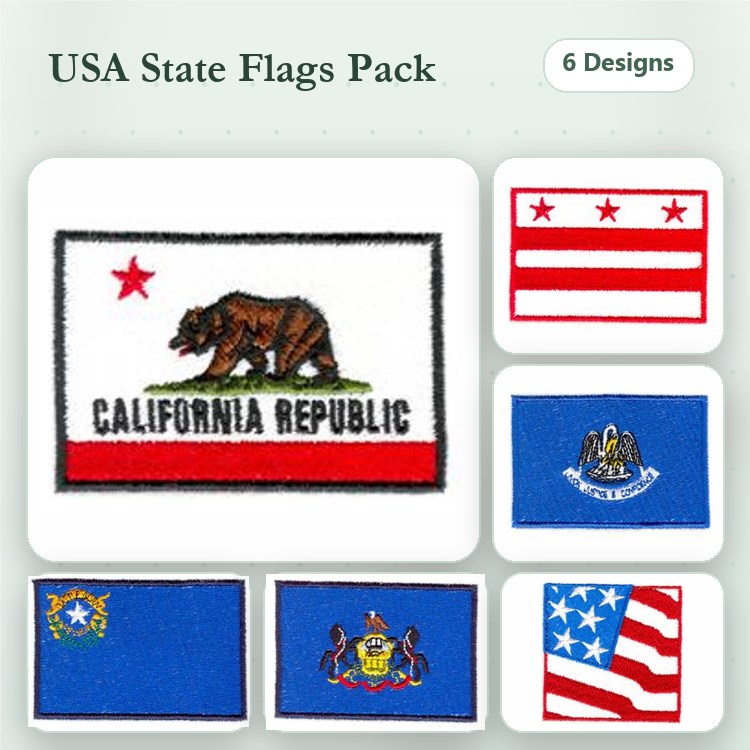 USA State Flags Embroidery Bundle – California, Texas, American Flag & More (6 Designs)