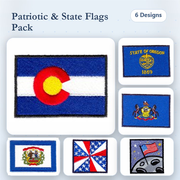 State & Patriotic Flags Embroidery Designs Bundle – Colorado, Oregon, Pennsylvania, American Flag & More (6 Designs)