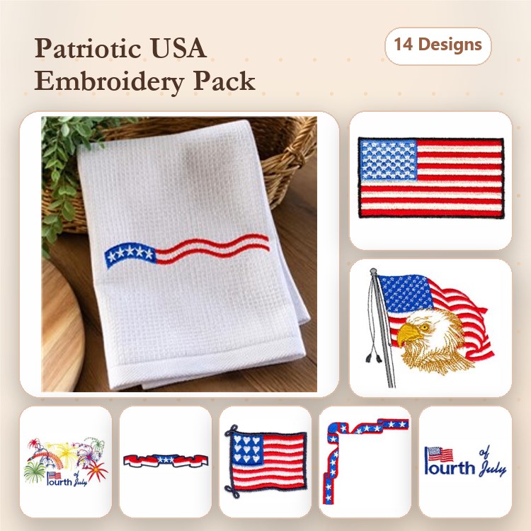 Patriotic USA Embroidery Bundle – USA Flag, Eagle, Fourth of July Decoration & More (14 Designs)