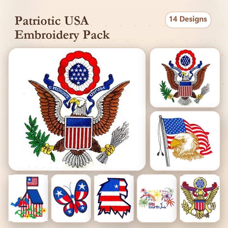 Patriotic USA Symbols Embroidery Designs Bundle – Bald Eagle with Shield, USA Flag, Liberty Bell & More (14 Designs)
