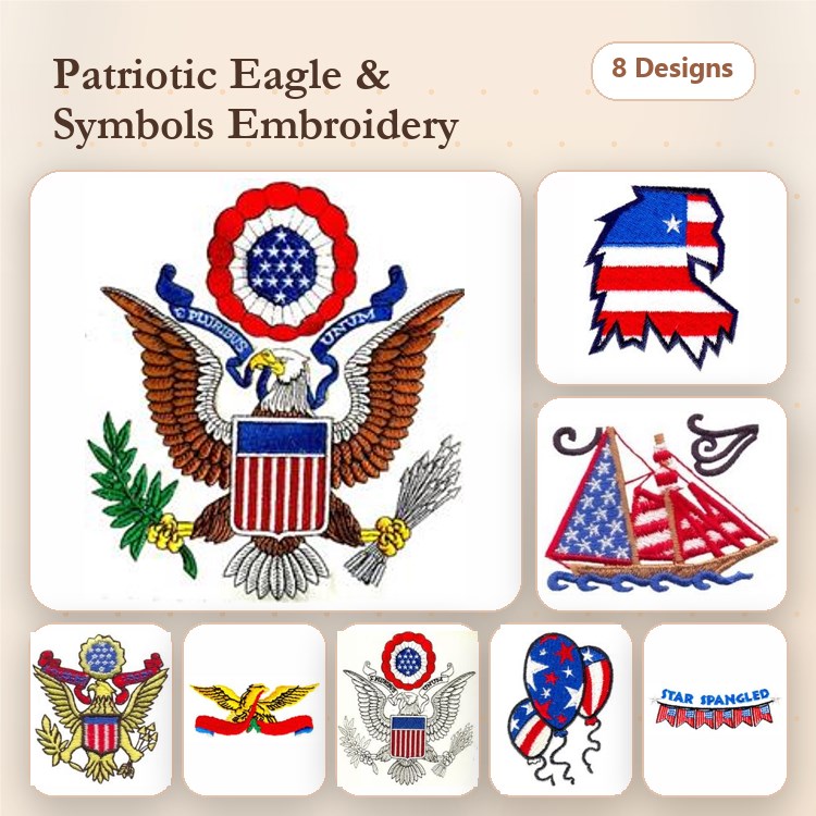 Patriotic Eagle Embroidery Designs Bundle – Bald Eagle with Shield, Sailboat with Stars and Stripes & More (8 Designs)