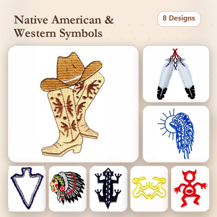 Native American & Western Symbols Embroidery Designs Bundle – Cowboy Boots, Feathered Headdress, Arrowhead & More (8 Designs)