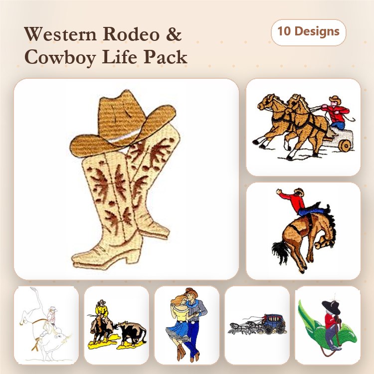 Western Rodeo Embroidery Designs Bundle – Cowboy Boots, Rodeo Horse Rider, Cowboy on Horse & More (10 Designs)