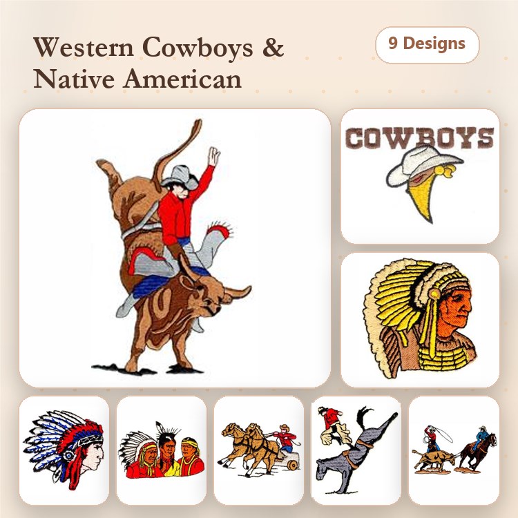Western Cowboys & Native American Embroidery Designs Bundle – Cowboy Riding a Bull, Native American Chief, Cowboys Text & More (9 Designs)