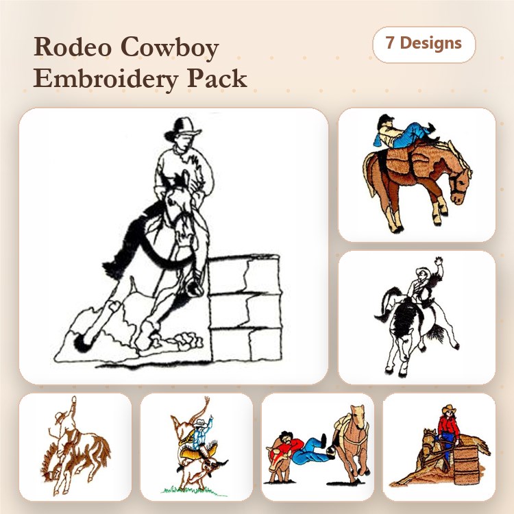 Rodeo Cowboys Embroidery Designs Bundle – Cowboy Jumping, Cowboy Lassoing, Cowboy on Horse & More (7 Designs)