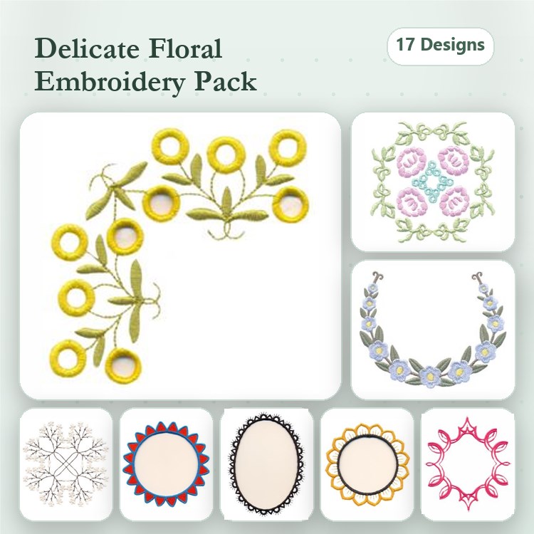 Delicate Floral Embroidery Designs Bundle – Floral Arrangement, Rose Wreath, Lace Frame & More (17 Designs)