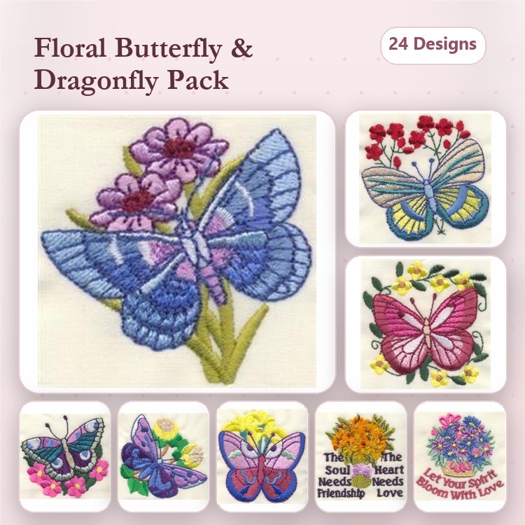 Floral Butterflies & Dragonflies Embroidery Designs Bundle – Butterfly with Flowers, Blue Floral Butterfly, Dragonfly with Flowers & More (24 Designs)