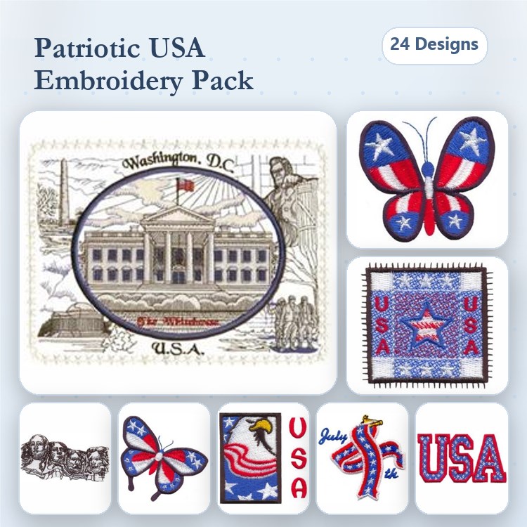 Patriotic USA Embroidery Bundle – White House, USA Flag, USA Butterfly & More (24 Designs)