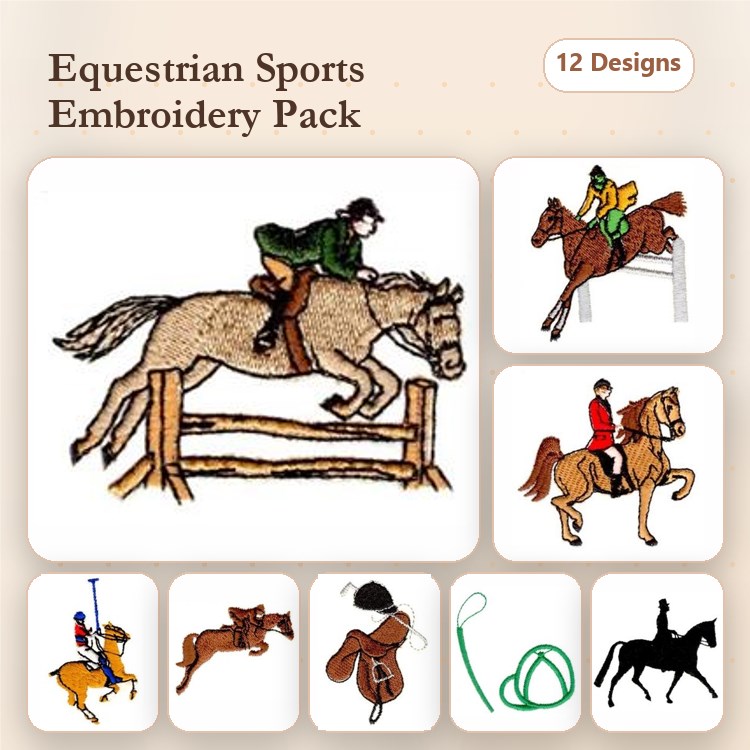 Equestrian Sports Embroidery Bundle – Jumping Rider, Dressage Rider, Polo Player & More (12 Designs)