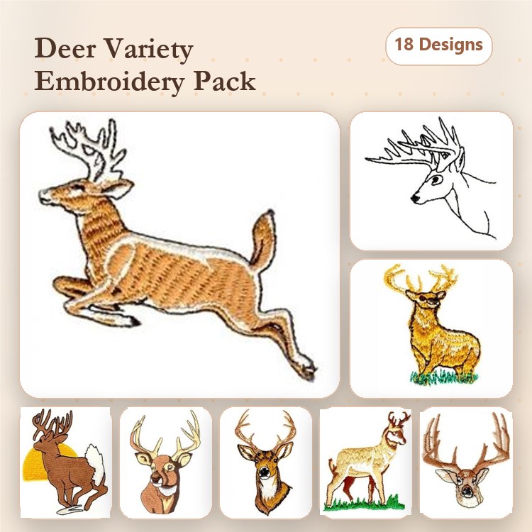Deer Variety Embroidery Bundle – Leaping Deer, Standing Buck, Doe with Fawn & More (18 Designs)