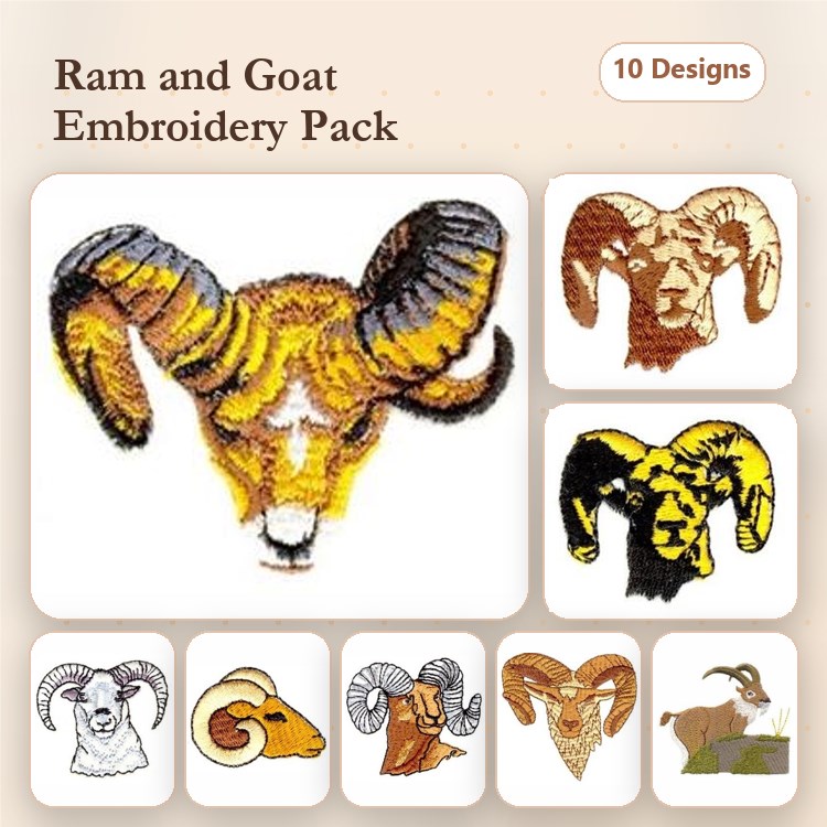 Rams & Goats Embroidery Bundle – Rambouillet Ram, Bighorn Ram Head, Mountain Goat & More (10 Designs)