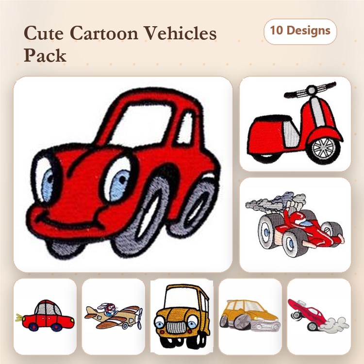Cute Cartoon Vehicles Embroidery Designs Bundle – Red Cartoon Car, Scooter, Race Car & More (10 Designs)