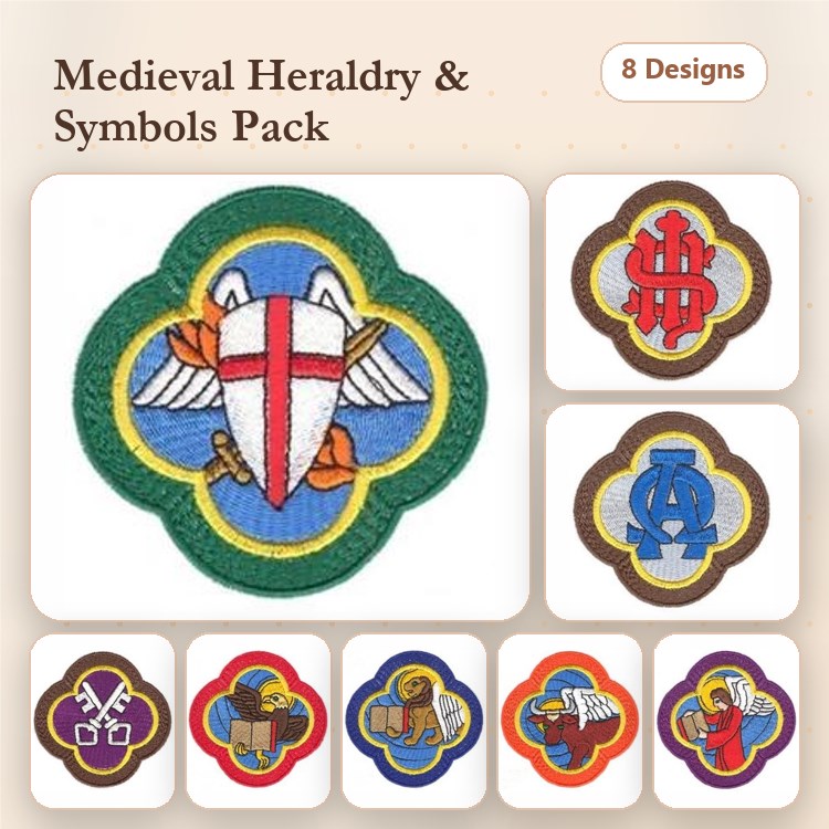 Medieval Heraldry Embroidery Designs Bundle – Crest Shield, Knight's Helmet, Monogram with Cross & More (8 Designs)