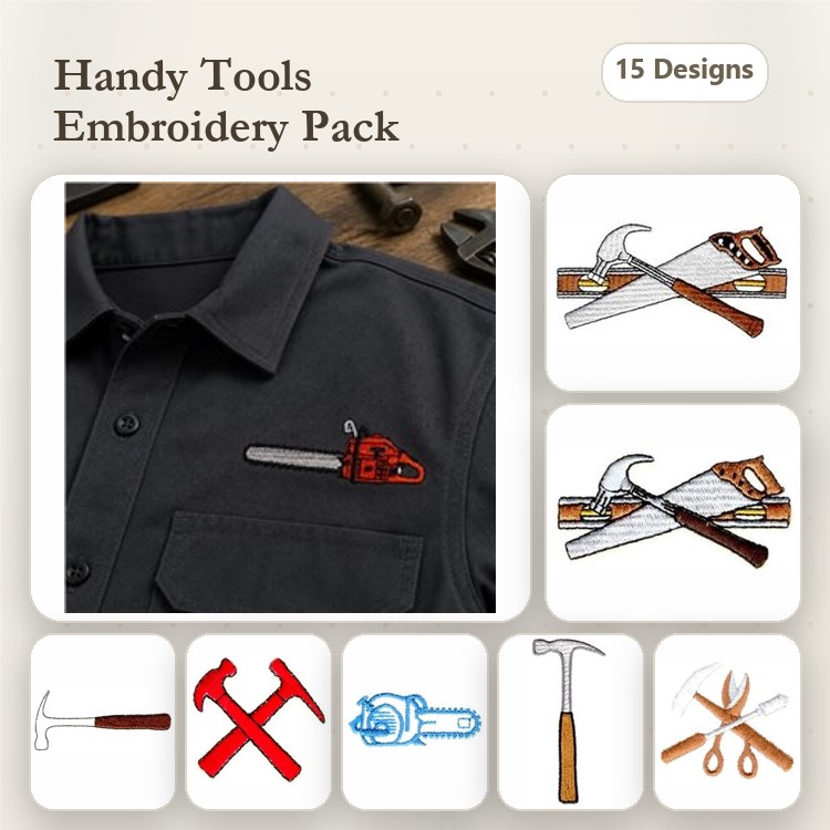 Handy Tools Embroidery Designs Bundle – Chainsaw, Hammer, Wrench, Screwdriver & More (15 Designs)