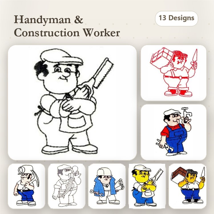 Handyman & Construction Workers Embroidery Designs Bundle – Handyman with Saw, Construction Worker with Hammer, & More (13 Designs)