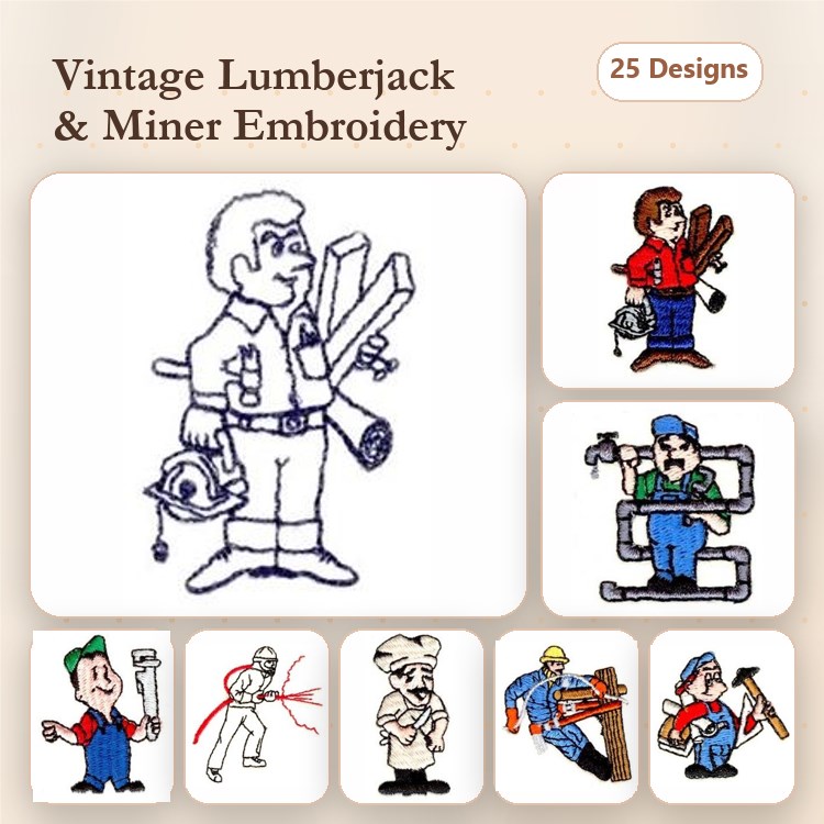 Lumberjack & Miner Embroidery Bundle – Lumberjack with Tools, Miner with Pickaxe, Chef with Cooking Utensils & More (25 Designs)