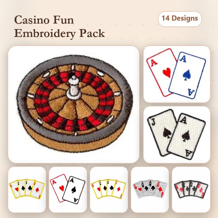 Casino-Themed Embroidery Designs Bundle – Roulette Wheel, Ace of Spades, Playing Cards & More (14 Designs)