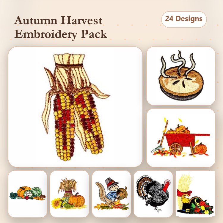 Harvest Celebration Embroidery Designs Bundle – Corn Cob, Turkey, Pumpkin Pie & More (24 Designs)