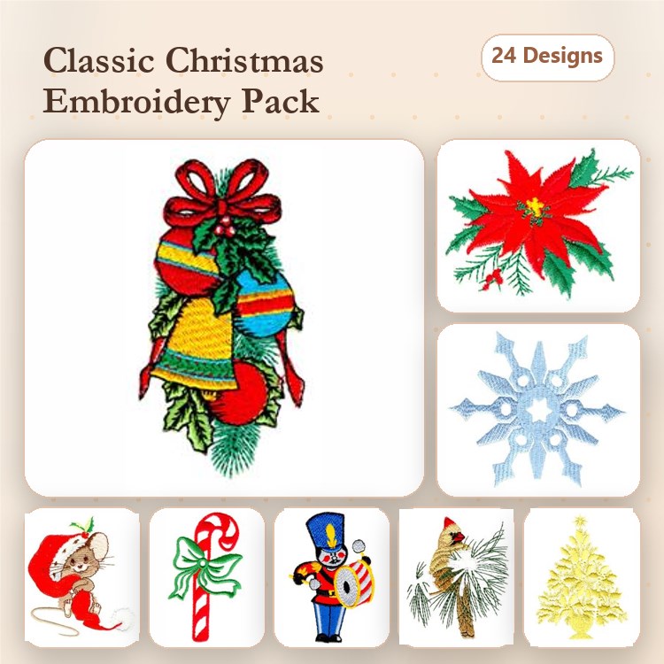 Classic Christmas Embroidery Designs Bundle – Holly with Bows, Poinsettia, Candy Cane & More (24 Designs)