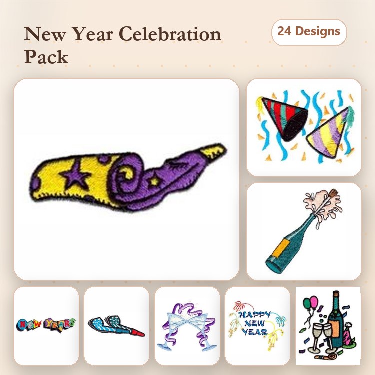 New Year Celebration Embroidery Designs Bundle – Party Horn, Champagne Bottle, Colorful Party Glasses & More (24 Designs)