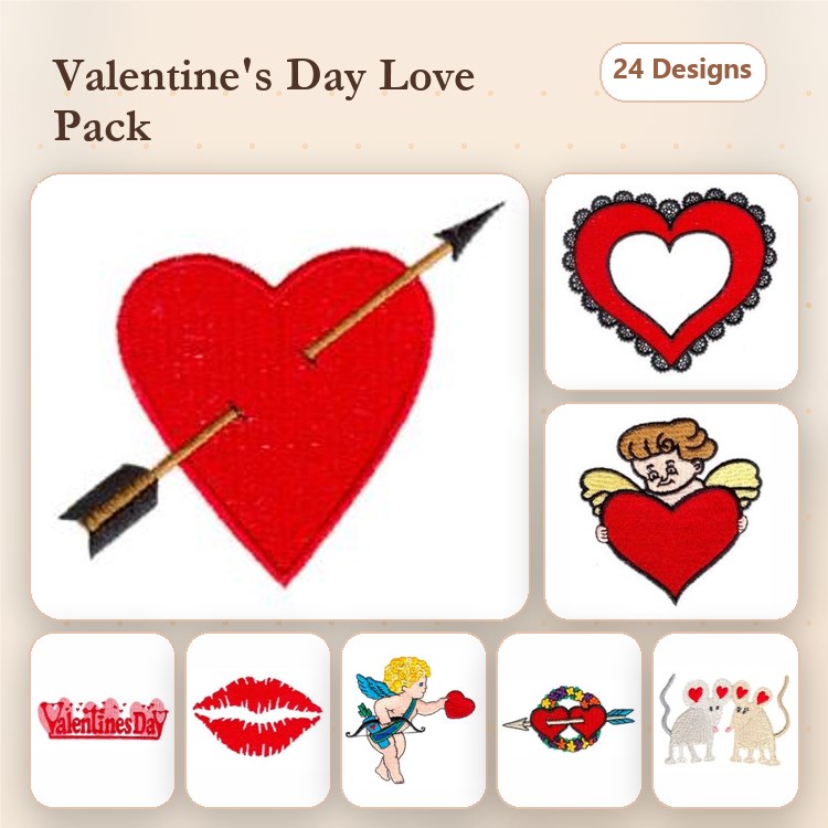 Valentine's Day Love Embroidery Designs Bundle – Heart with Arrow, Cupid with Heart, Angel with Heart & More (24 Designs)