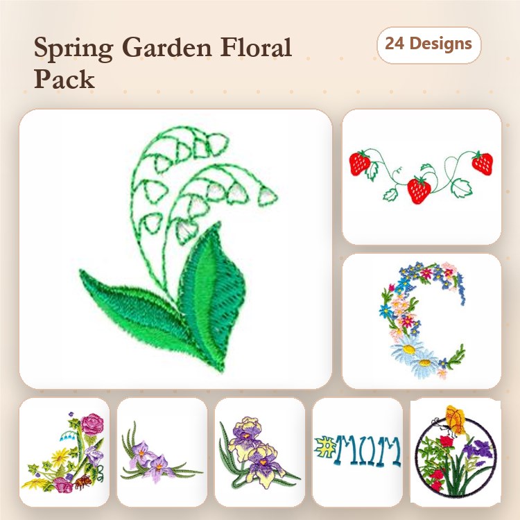 Spring Floral Embroidery Designs Bundle – Lily of the Valley, Strawberry Vine, Floral Wreath & More (24 Designs)