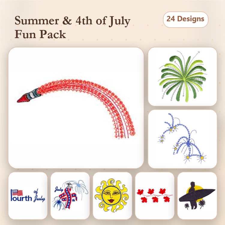 Summer Celebration Embroidery Designs Bundle – Rocket Firework, Fireworks Burst, Sun with Sunglasses & More (24 Designs)