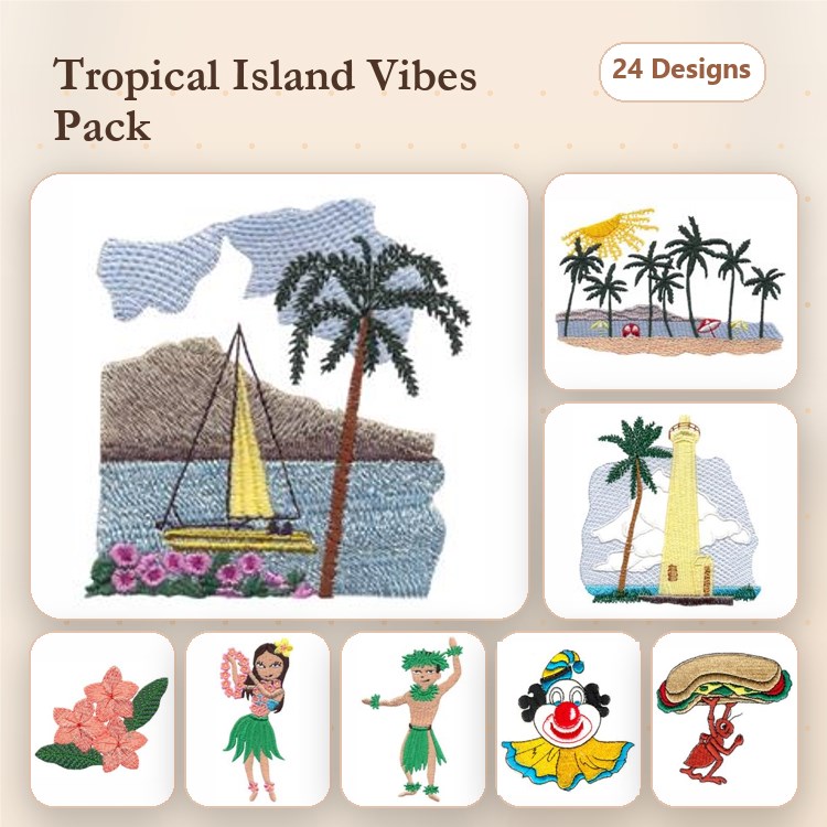 Tropical Island Embroidery Designs Bundle – Sailboat, Palm Tree, Beach Sunset & More (24 Designs)