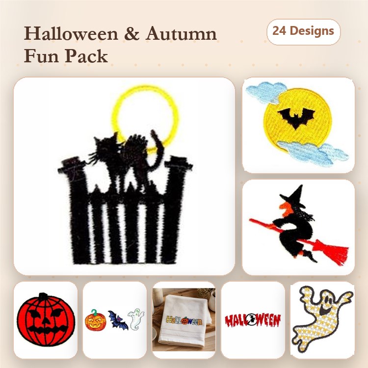 Halloween and Autumn Embroidery Bundle – Black Cat on Fence, Pumpkin, Witch & More (24 Designs)