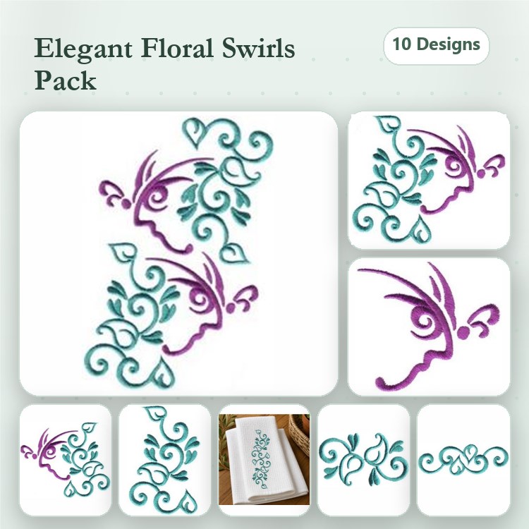 Elegant Floral Swirls Embroidery Designs Bundle – Floral Swirl with Leaves, Artistic Floral Motif, & More (10 Designs)