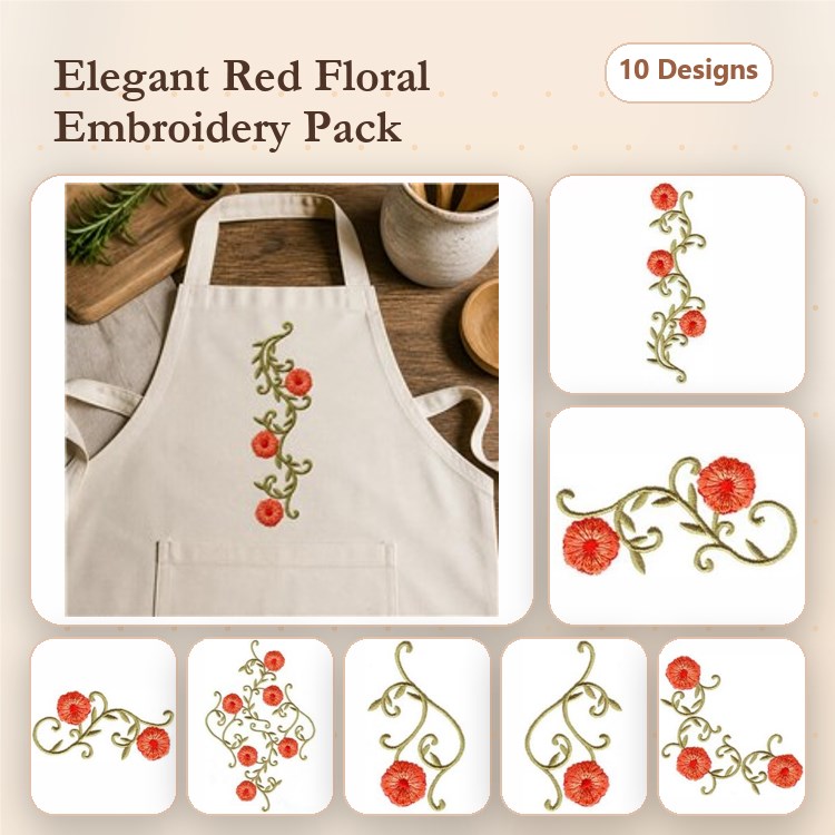Red Floral Embroidery Designs Bundle – Red Floral Vine, Single Red Flower, Floral Swag & More (10 Designs)