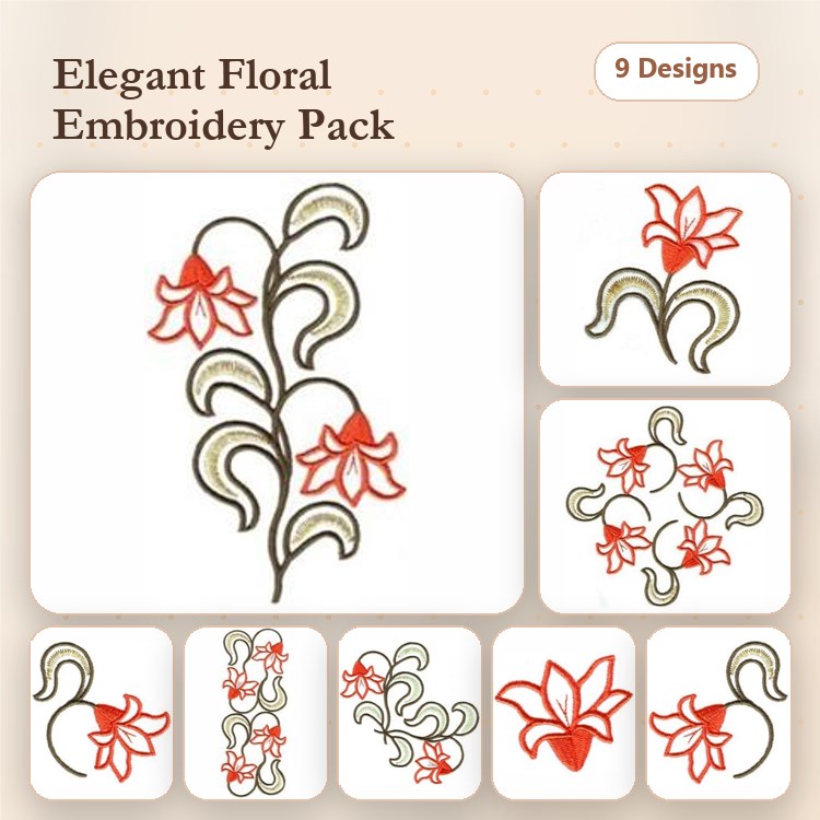 Floral Embroidery Designs Bundle – Floral Stem with Orange Blooms, Curved Floral Design, Single Floral Blossom & More (9 Designs)