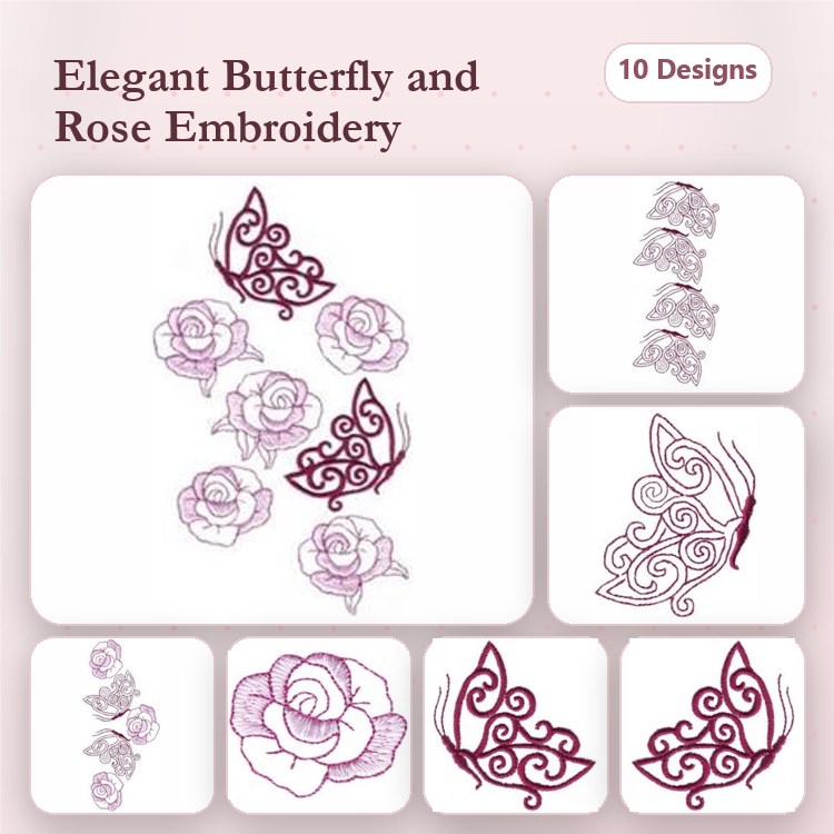 Redwork Butterflies & Roses Embroidery Designs Bundle – Elegant Butterfly, Rose with Leaves & More (10 Designs)