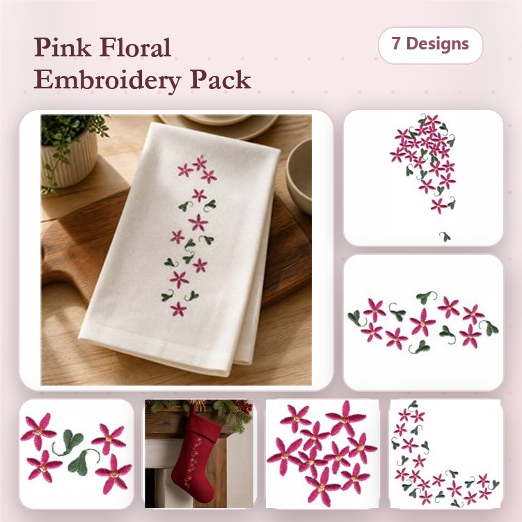 Pink Floral Embroidery Designs Bundle – Cluster of Pink Flowers, Single Pink Flower, Flower Border & More (7 Designs)