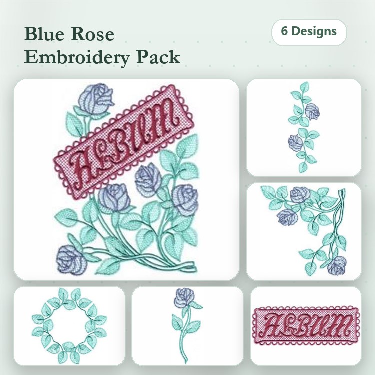 Floral Embellishments Embroidery Bundle – Blue Rose Bouquet, Floral Vine, Rose Wreath & More (6 Designs)