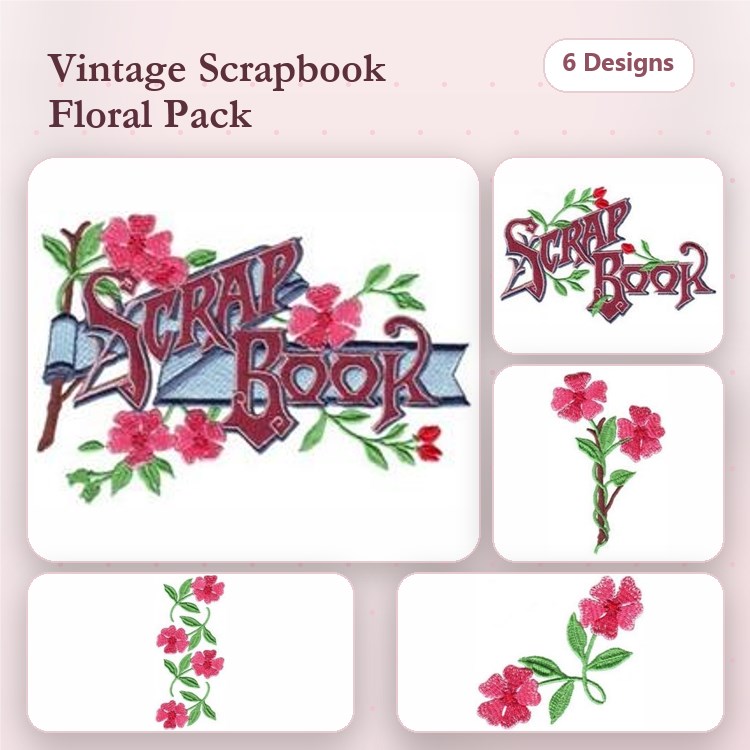 Floral Scrapbook Embroidery Bundle – Scrap Book with Flowers, Floral Arrangement with Ribbon & More (6 Designs)