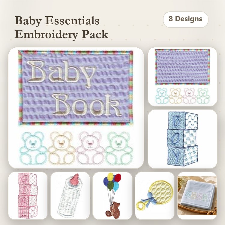 Baby Essentials Embroidery Designs Bundle – Baby Book, Teddy Bear, Baby Blocks & More (8 Designs)