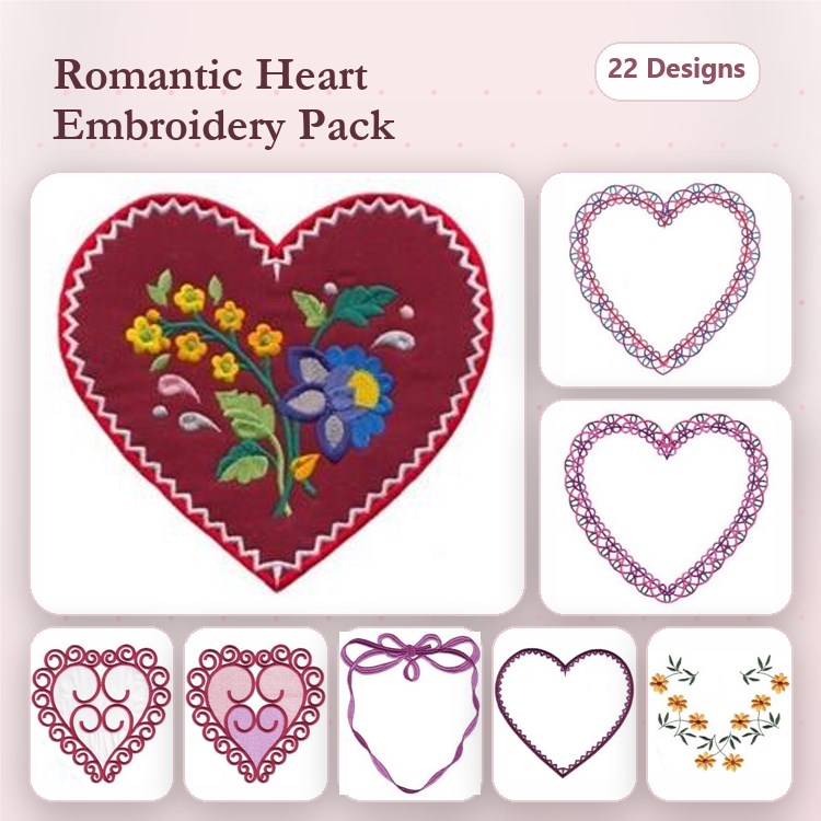 Romantic Heart Embroidery Bundle – Flower Heart, Floral Heart with Bow, Lace Heart & More (22 Designs)