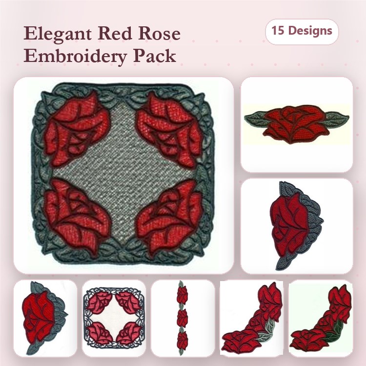 Elegant Red Rose Embroidery Designs Bundle – Corner Embellishment, Frame, Vertical Design & More (15 Designs)