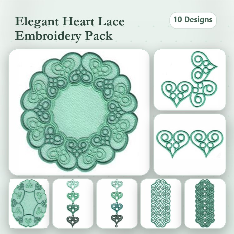 FSL Lace Heart Embroidery Bundle – Heart Doily, Heart Ornament, Heart with Loops & More (10 Designs)