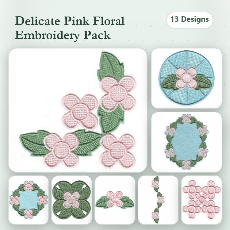 Delicate Pink Floral Embroidery Bundle – Pink Flower Cluster, Floral Frame, Green Leaf Cluster & More (13 Designs)
