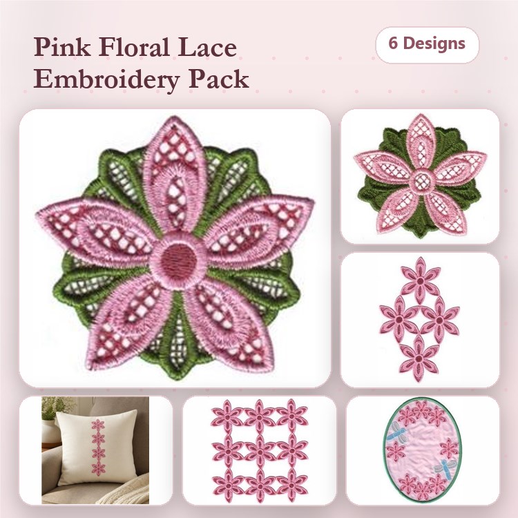 FSL Floral Lace Embroidery Bundle – Pink Floral Lace Flower, Ornate Pink Flower & More (6 Designs)