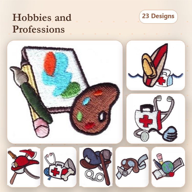 Hobbies & Professions Embroidery Designs Bundle – Painting Supplies, Nurse's Stethoscope, Sewing Machine & More (23 Designs)